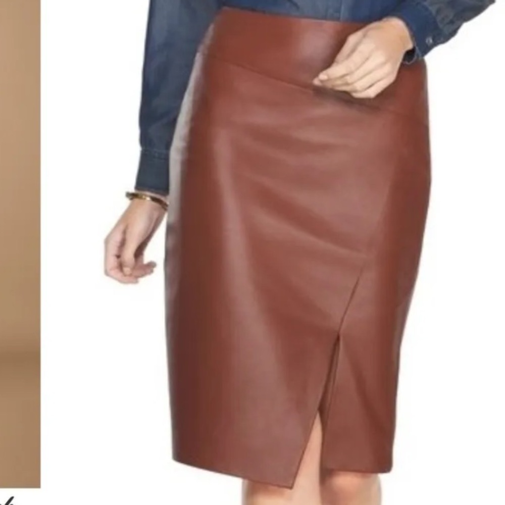 White House Black Market Genuine Leather Skirt 8 Brown Mahogany Lined Side Slit